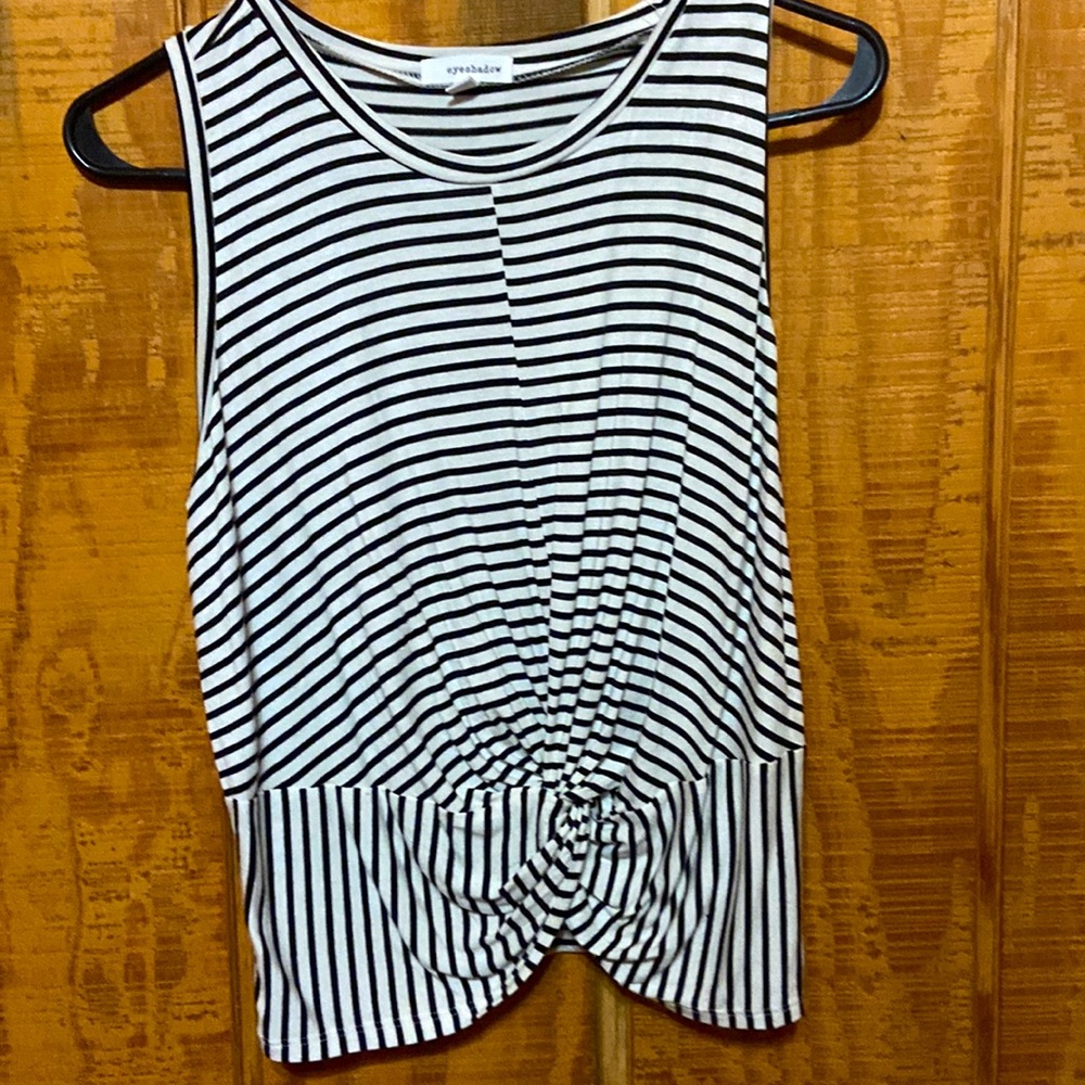 Black and white striped tank top with a tie at the bottom